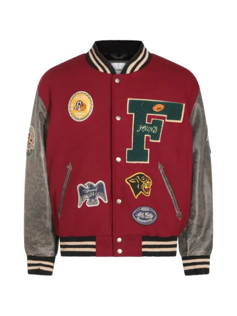 FOUND Crimson Letterman patch-detail leather-sleeve jacket