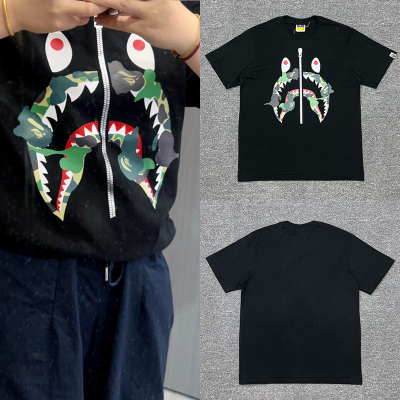 Bape Shark Camo Zip Graphic Oversized Tee Streetwear Unisex