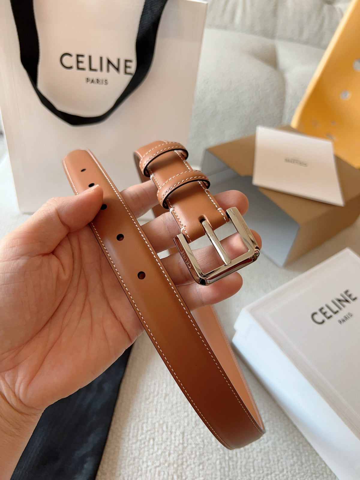 CELINE 25S BELT 25MM IN BROWN CALFSKIN SILVER HARDWARE 561793