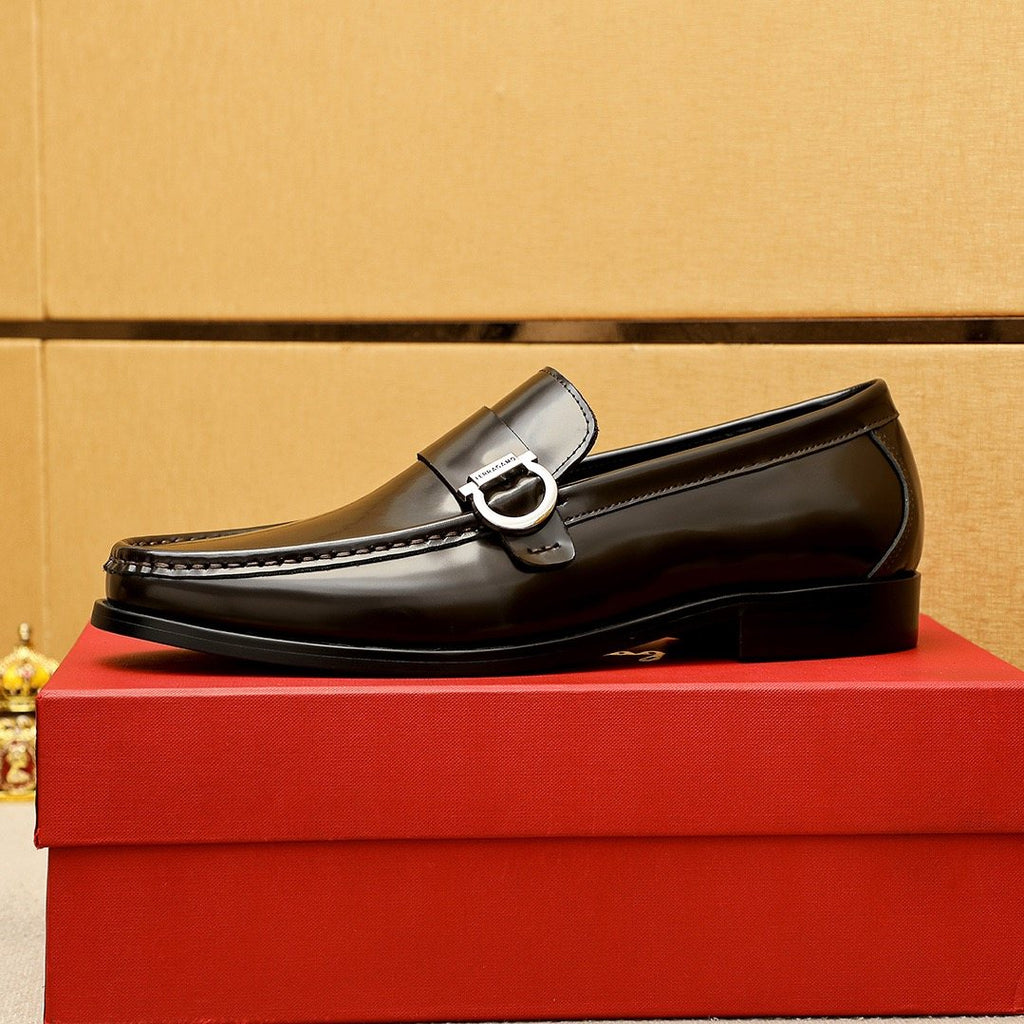 Ferragamo Black Buckle Moc-Toe Loafers