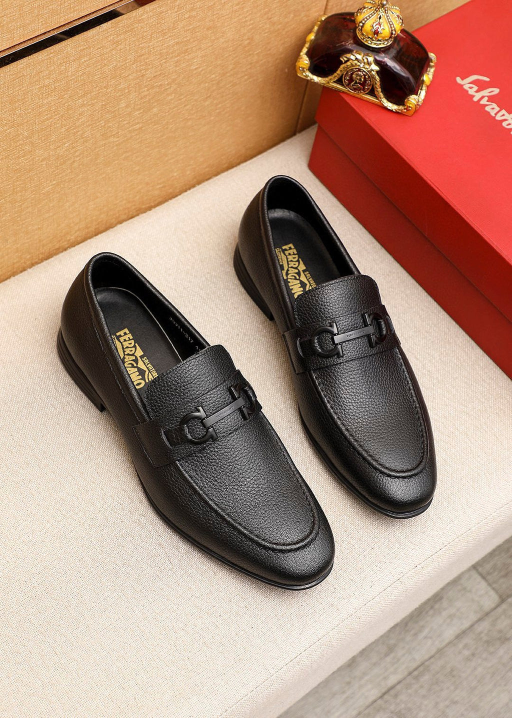 Ferragamo Textured Metal-Strap Loafers
